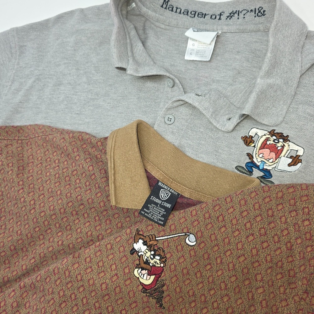 Lot of 2 Taz Polo Shirts Men's L Warner Bros Studio Store Vintage Golf & Cartoon